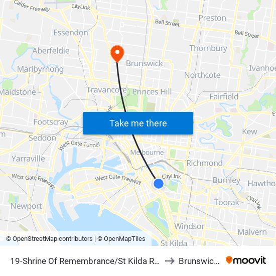 19-Shrine Of Remembrance/St Kilda Rd (Melbourne City) to Brunswick West map