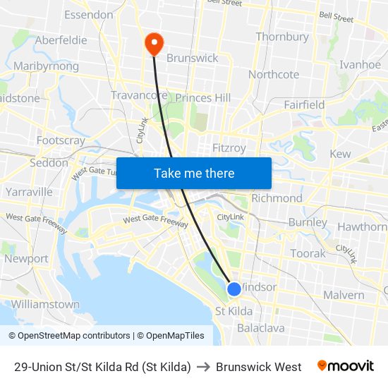 29-Union St/St Kilda Rd (St Kilda) to Brunswick West map