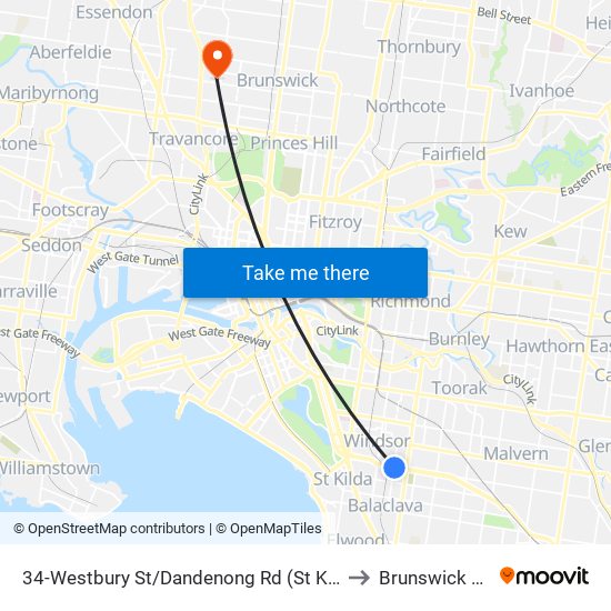 34-Westbury St/Dandenong Rd (St Kilda East) to Brunswick West map