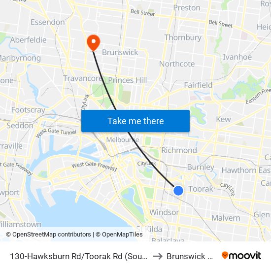 130-Hawksburn Rd/Toorak Rd (South Yarra) to Brunswick West map