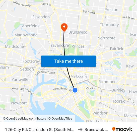 126-City Rd/Clarendon St (South Melbourne) to Brunswick West map