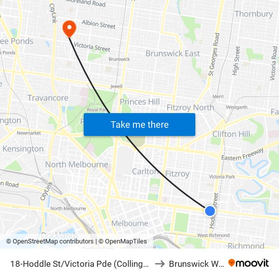 18-Hoddle St/Victoria Pde (Collingwood) to Brunswick West map