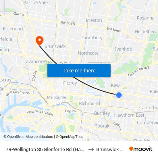 79-Wellington St/Glenferrie Rd (Hawthorn) to Brunswick West map
