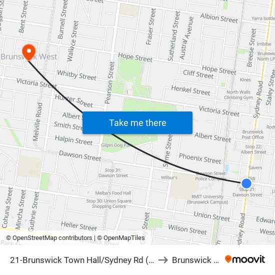 21-Brunswick Town Hall/Sydney Rd (Brunswick) to Brunswick West map