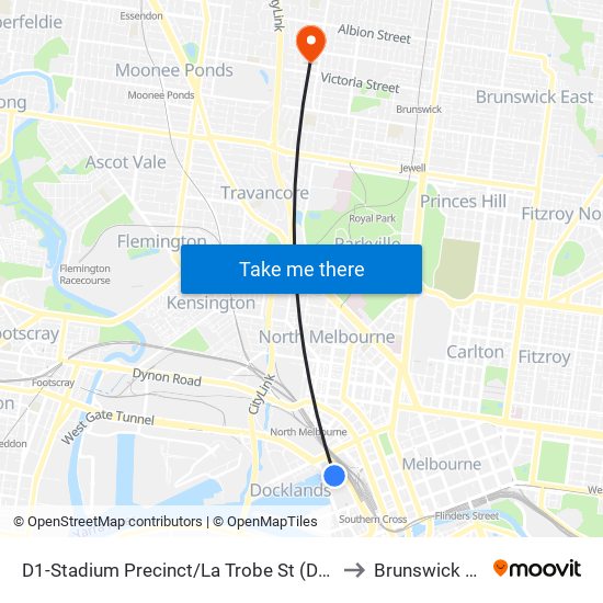 D1-Stadium Precinct/La Trobe St (Docklands) to Brunswick West map