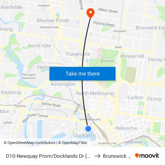 D10-Newquay Prom/Docklands Dr (Docklands) to Brunswick West map