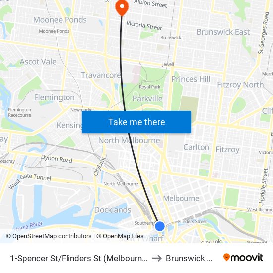 1-Spencer St/Flinders St (Melbourne City) to Brunswick West map