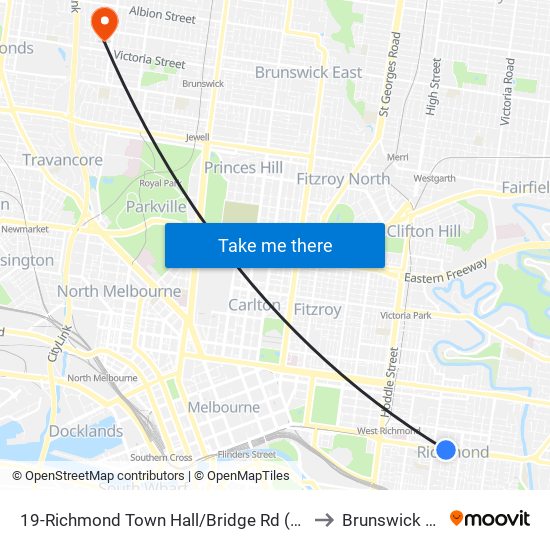 19-Richmond Town Hall/Bridge Rd (Richmond) to Brunswick West map