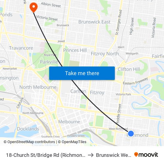 18-Church St/Bridge Rd (Richmond) to Brunswick West map