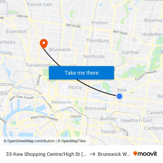 33-Kew Shopping Centre/High St (Kew) to Brunswick West map