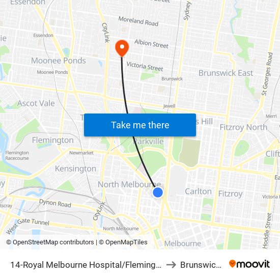 14-Royal Melbourne Hospital/Flemington Rd (Parkville) to Brunswick West map