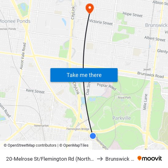 20-Melrose St/Flemington Rd (North Melbourne) to Brunswick West map