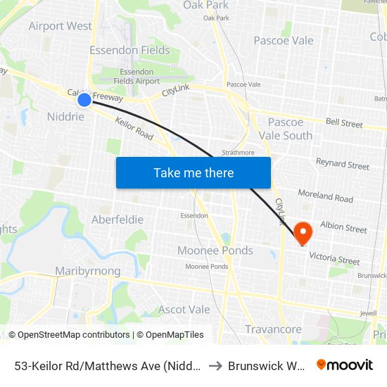 53-Keilor Rd/Matthews Ave (Niddrie) to Brunswick West map