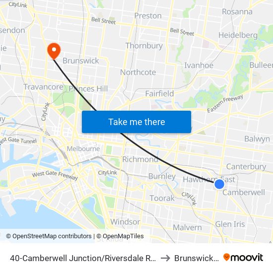 40-Camberwell Junction/Riversdale Rd (Camberwell) to Brunswick West map