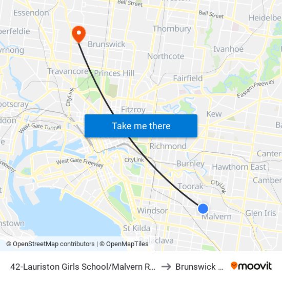 42-Lauriston Girls School/Malvern Rd (Toorak) to Brunswick West map