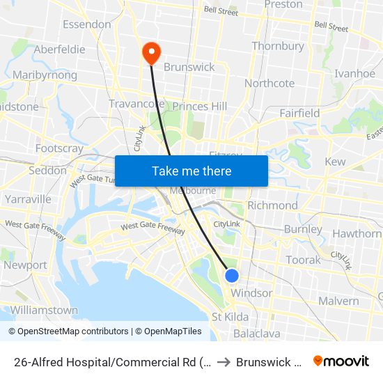 26-Alfred Hospital/Commercial Rd (Prahran) to Brunswick West map