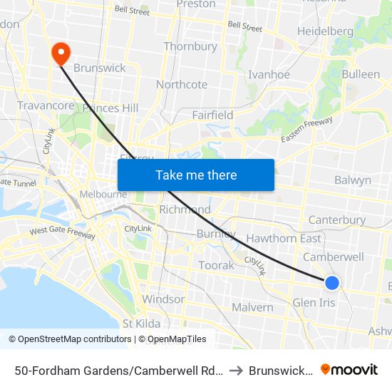 50-Fordham Gardens/Camberwell Rd (Camberwell) to Brunswick West map