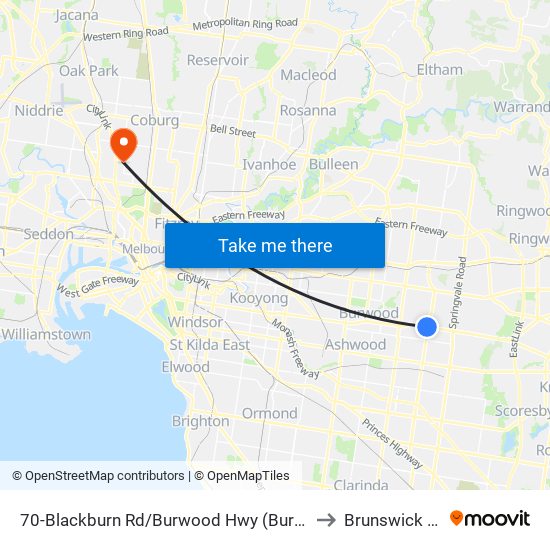 70-Blackburn Rd/Burwood Hwy (Burwood East) to Brunswick West map