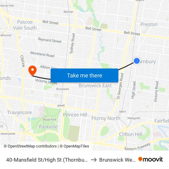 40-Mansfield St/High St (Thornbury) to Brunswick West map