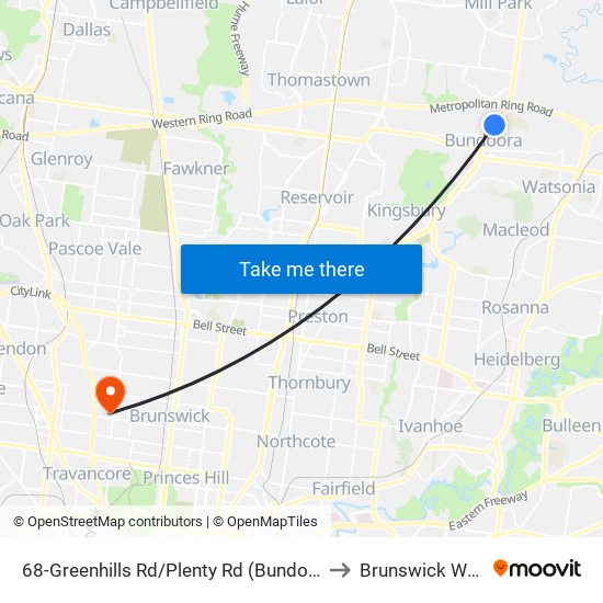 68-Greenhills Rd/Plenty Rd (Bundoora) to Brunswick West map