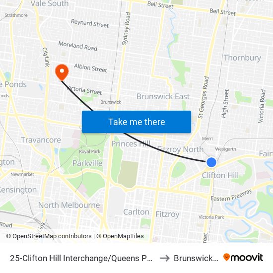 25-Clifton Hill Interchange/Queens Pde (Clifton Hill) to Brunswick West map