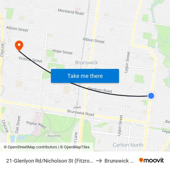 21-Glenlyon Rd/Nicholson St (Fitzroy North) to Brunswick West map