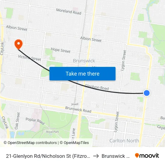 Glenlyon Rd/Nicholson St #21 to Brunswick West map