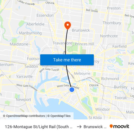 126-Montague St/Light Rail (South Melbourne) to Brunswick West map