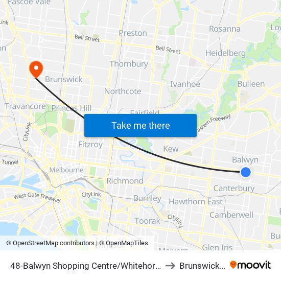 48-Balwyn Shopping Centre/Whitehorse Rd (Balwyn) to Brunswick West map