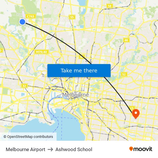 Melbourne Airport to Ashwood School map