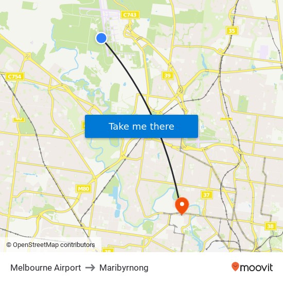 Melbourne Airport to Maribyrnong map