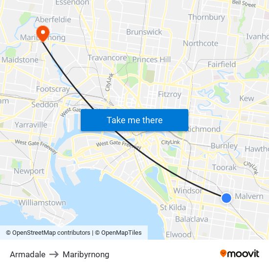 Armadale to Maribyrnong map