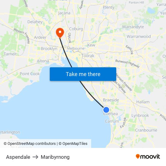 Aspendale to Maribyrnong map