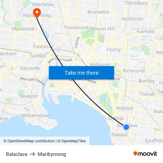 Balaclava to Maribyrnong map