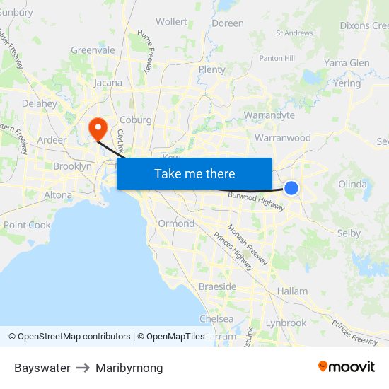 Bayswater to Maribyrnong map