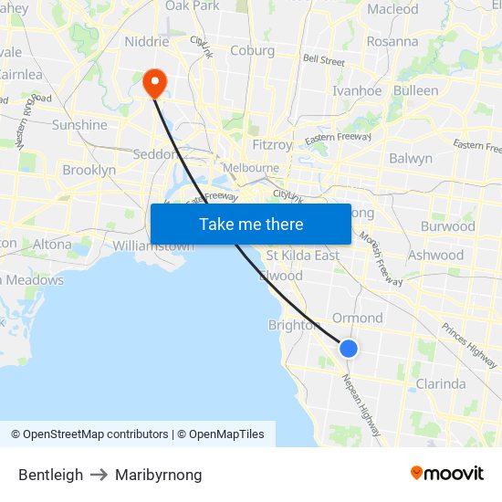 Bentleigh to Maribyrnong map