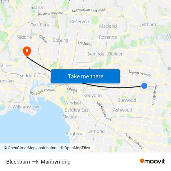 Blackburn to Maribyrnong map