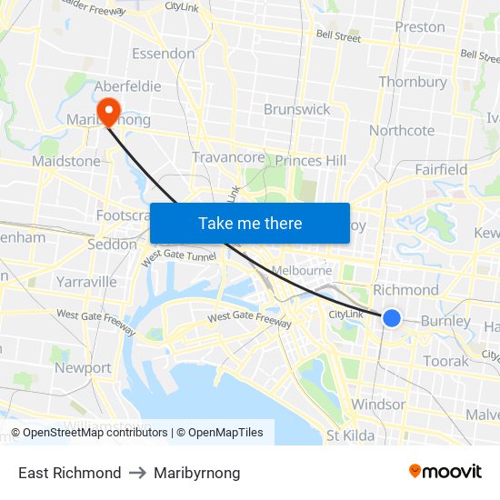 East Richmond to Maribyrnong map