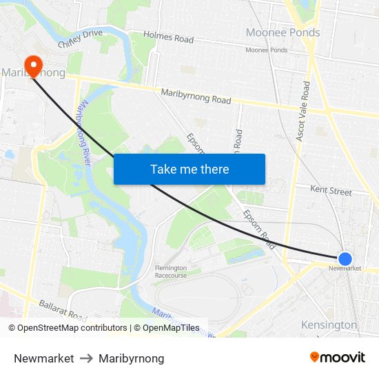 Newmarket to Maribyrnong map