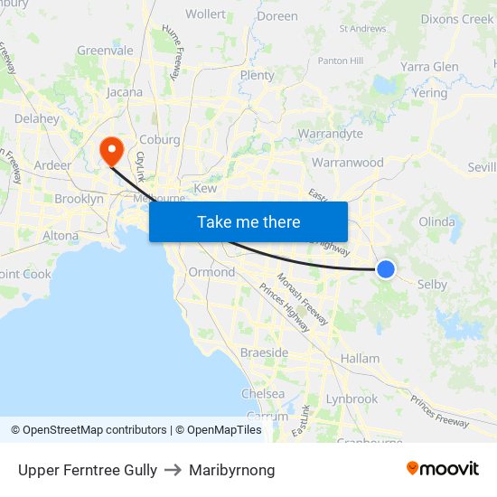 Upper Ferntree Gully to Maribyrnong map