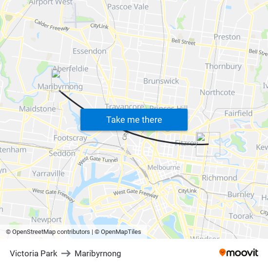 Victoria Park to Maribyrnong map