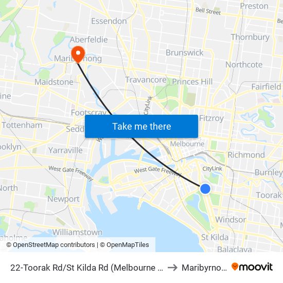 22-Toorak Rd/St Kilda Rd (Melbourne City) to Maribyrnong map