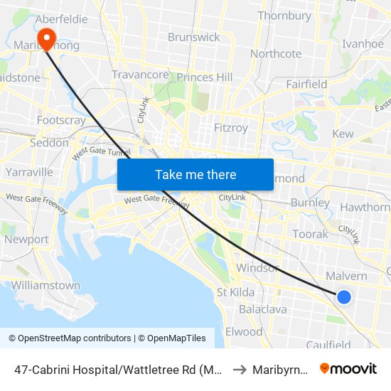 47-Cabrini Hospital/Wattletree Rd (Malvern) to Maribyrnong map