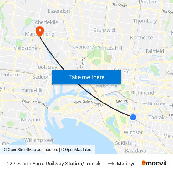 127-South Yarra Railway Station/Toorak Rd (South Yarra) to Maribyrnong map