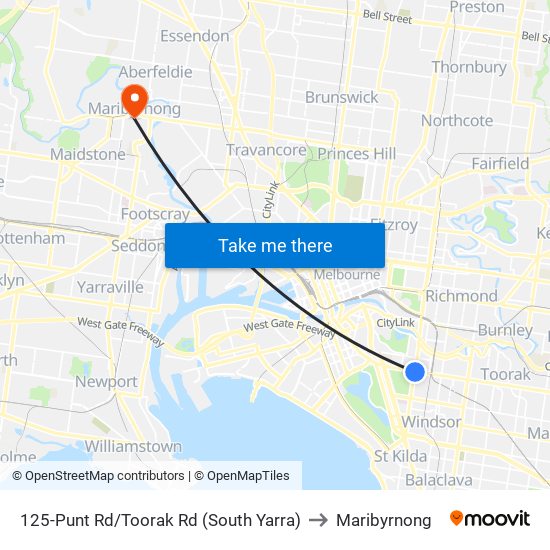 125-Punt Rd/Toorak Rd (South Yarra) to Maribyrnong map