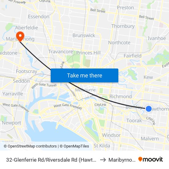 32-Glenferrie Rd/Riversdale Rd (Hawthorn) to Maribyrnong map