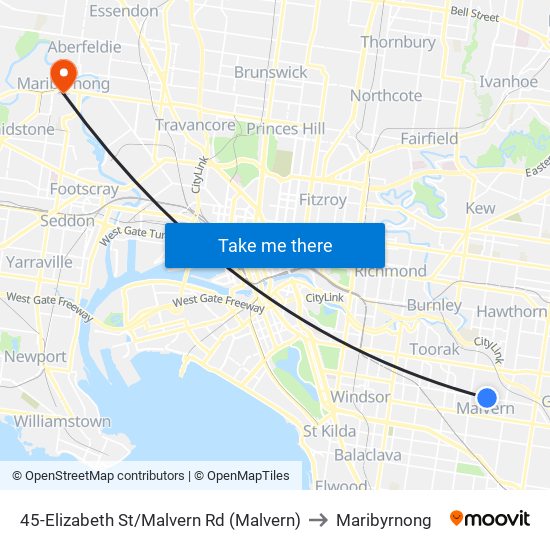 45-Elizabeth St/Malvern Rd (Malvern) to Maribyrnong map