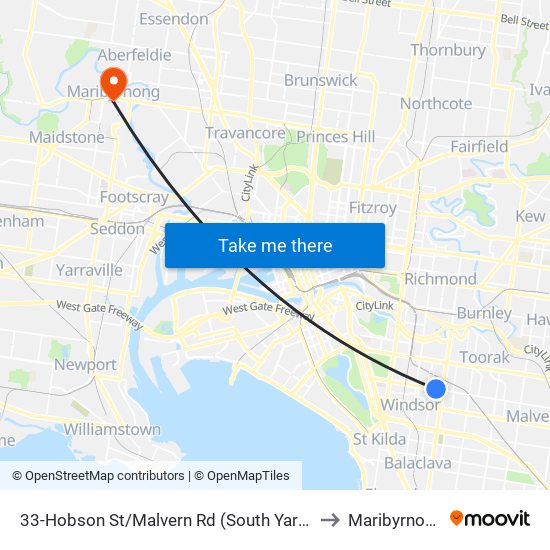 33-Hobson St/Malvern Rd (South Yarra) to Maribyrnong map