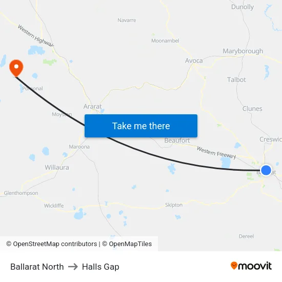 Ballarat North to Halls Gap map