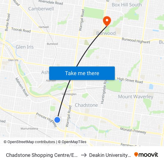 Chadstone Shopping Centre/Eastern Access Rd (Malvern East) to Deakin University - Burwood Campus map